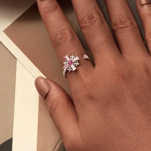 NWT S925 Sterling Silver Pink CZ Cross Fleur-De-Lis Design Open Adjustable Ring - Picture 10 of 12